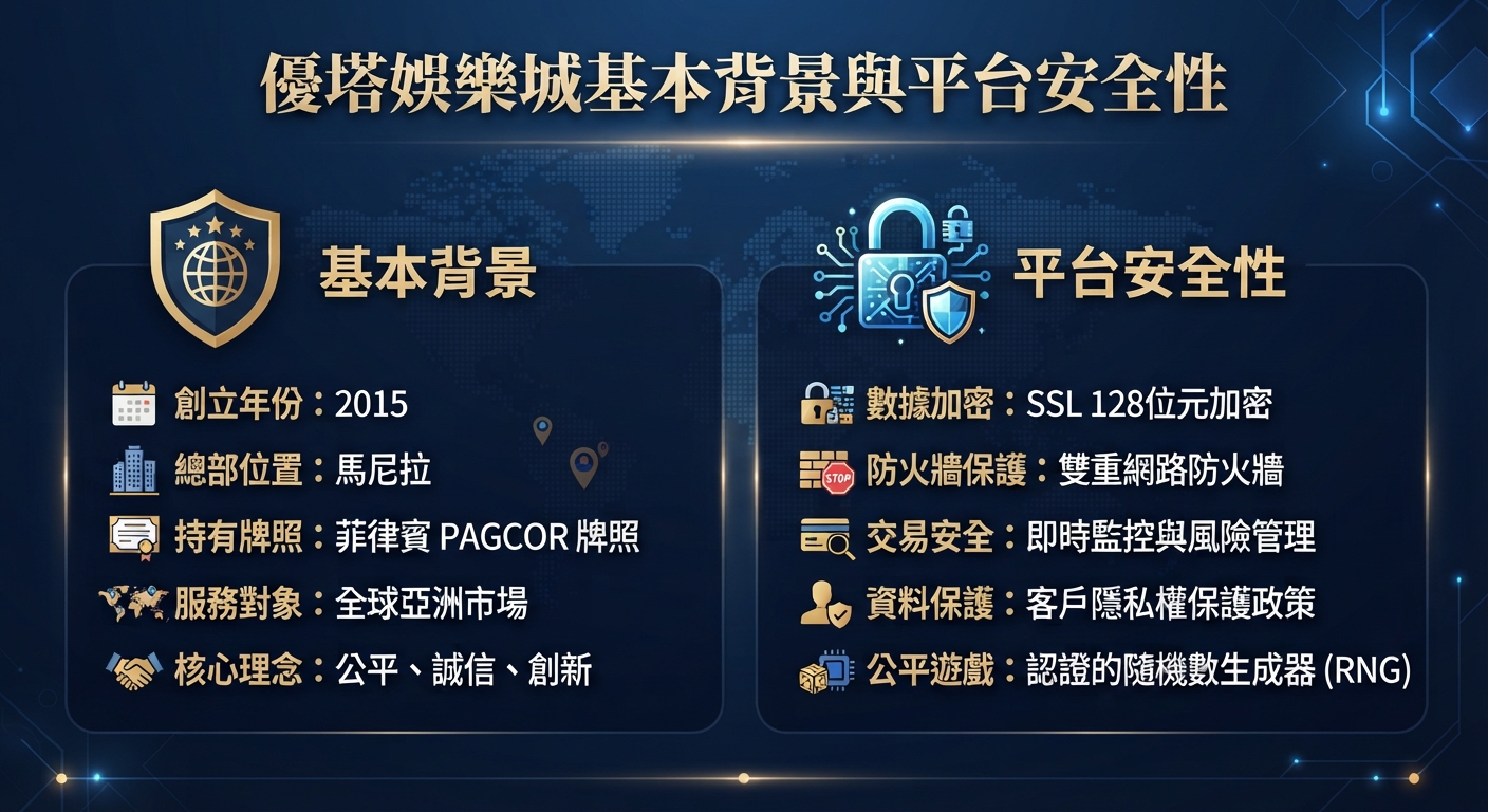 這張圖片採用深藍色科技感背景,上方清晰顯示主標題「優塔娛樂城基本背景與平台安全性」。 畫面分為左右兩欄,左側詳細說明基本背景資訊,右側則展示各項平台安全與加密防護措施。