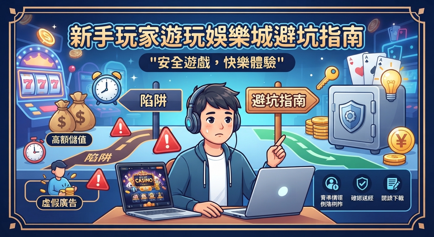 這是一張專為新手玩家設計的線上娛樂城避坑指南插圖。 畫面中包含遊戲主標題、警示標誌、安全防護圖案及相關避險指引元素。