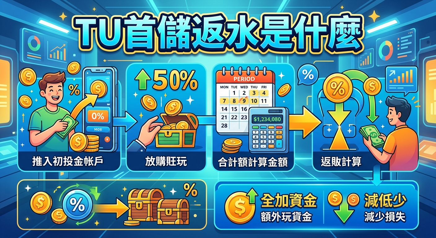 這張圖片以動漫插畫風格呈現,主題為線上娛樂城的「TU首儲返水」概念與流程解析。 畫面包含儲值、玩樂、金額計算與返水發放等步驟圖解,頂部帶有顯眼的標題文字。