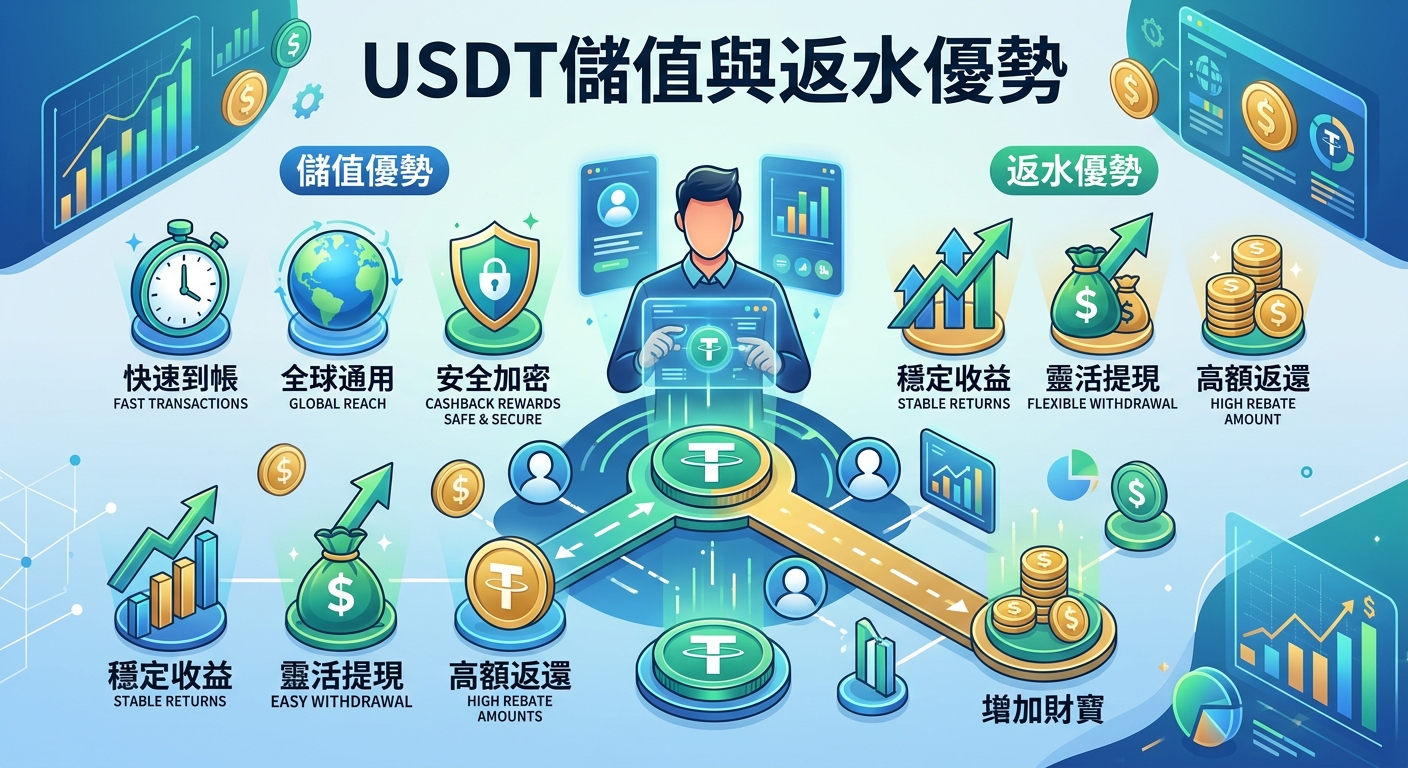這張圖片展現了以 USDT儲值與返水優勢 為主題的現代數位金融概念圖。 畫面結合了加密貨幣圖示、流暢的金流路徑與數據圖表,呈現出安全、高效與高回報的優勢。