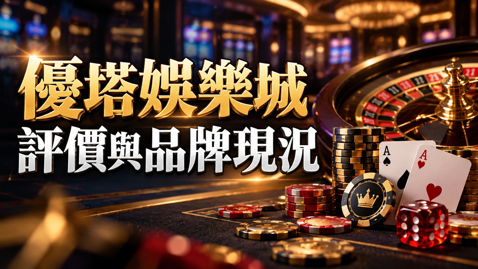 圖片以奢華賭場為背景,搭配金色立體標題、輪盤、撲克牌與籌碼,呈現優塔娛樂城的品牌形象與娛樂氛圍。 透過黑金色調與精緻光影設計,突顯優塔娛樂城評價、品牌營運現況及玩家關注的核心議題。