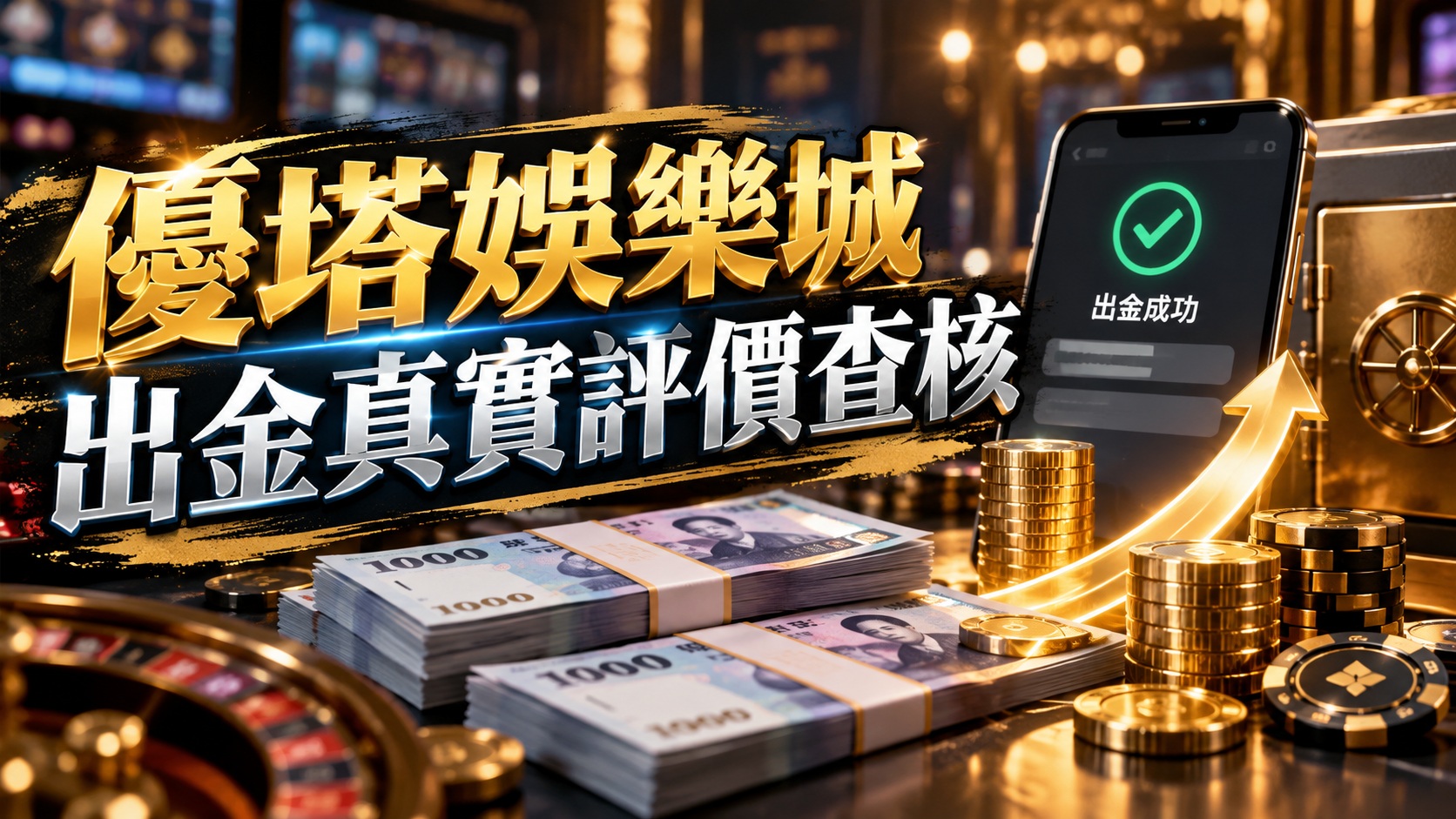 圖片以黑金色調呈現優塔娛樂城出金評價查核主題,搭配手機提款畫面、現金與金幣,突顯資金交易與出金安全的重要性。 透過出金紀錄、玩家真實評價及提款流程等重點,提醒玩家查證平台可信度與出金限制,避免潛在風險。