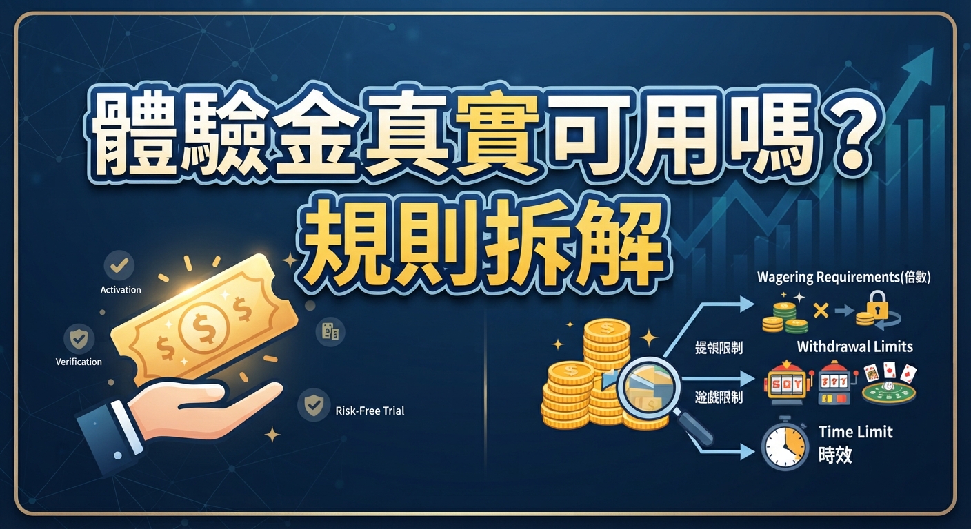 圖中展示了「體驗金真實可用嗎?規則拆解」的主題,並透過插圖解析相關條款與限制。 畫面結合了金錢圖標與放大鏡拆解規則的視覺元素,呈現出風險評估與條件審視的概念。